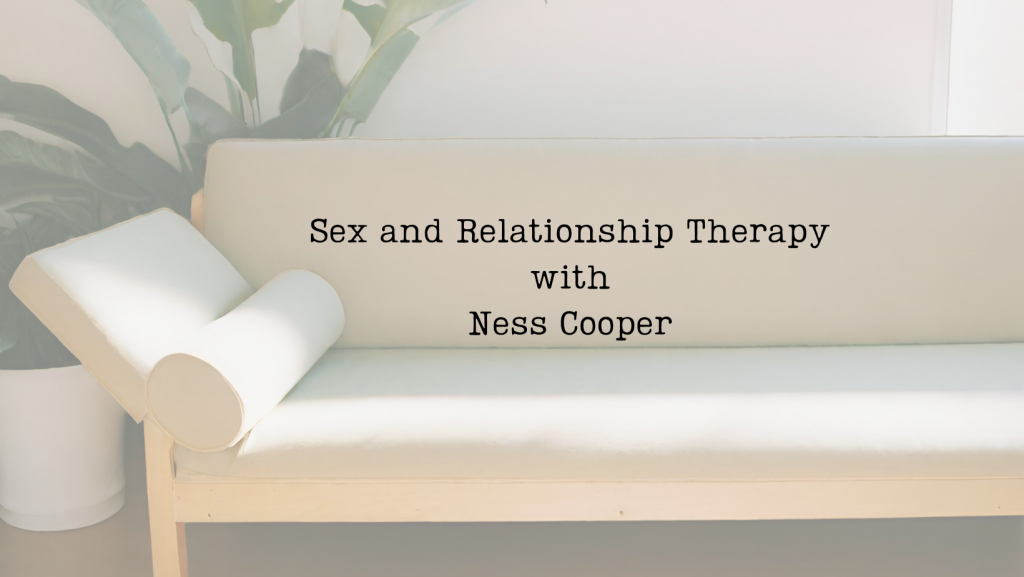 Image of a couch and plants next to it with text Sex and Relationship Therapy with Ness Cooper